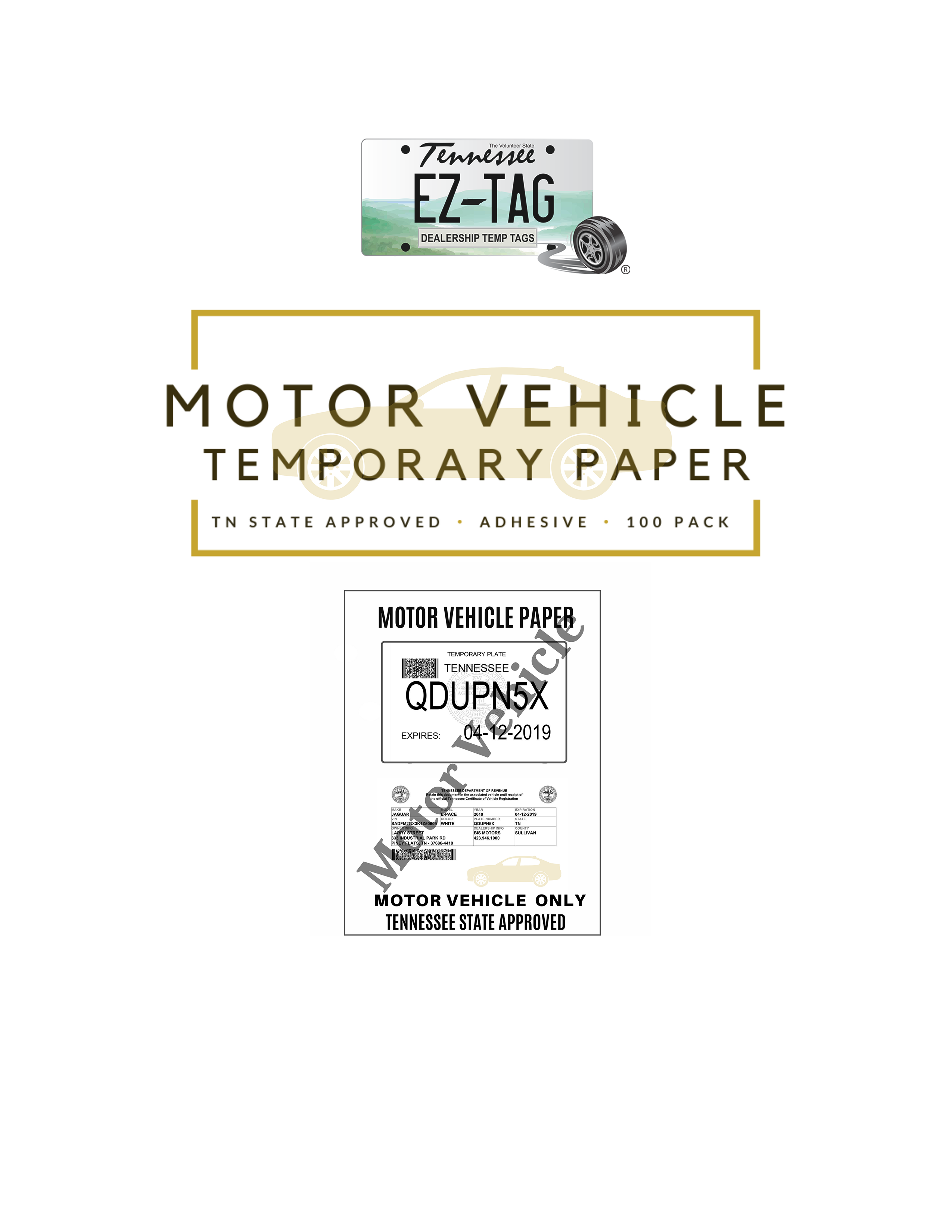 EZ Tag Motor Vehicle Temporary Tag Sticker Paper (100 Pack)